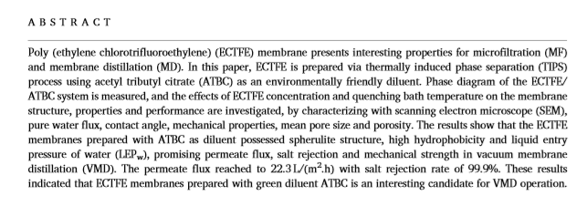 ECTFE membrane fabrication via TIPS method using ATBC diluent for  vacuum membrane distillation